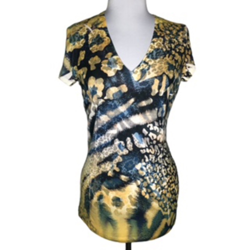 No Label Abstract Print V-Neck Tee Shirt Size L